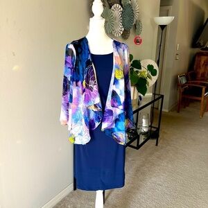 Dana Buchman Cute New Navy Dress with Floral attached overcoat 3/4 Sleeves. Sz S